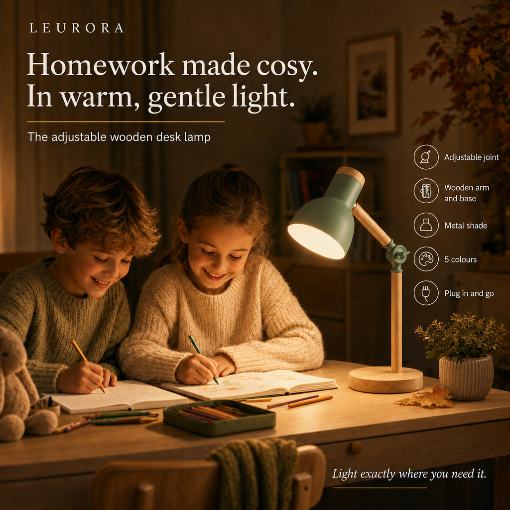 Wooden desk lamp for kids Scandi, boy and girl doing homework in warm light