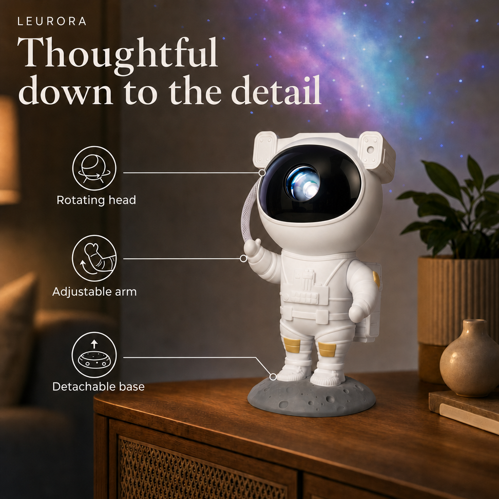 Astronaut projector details: rotating head, adjustable arm, detachable base