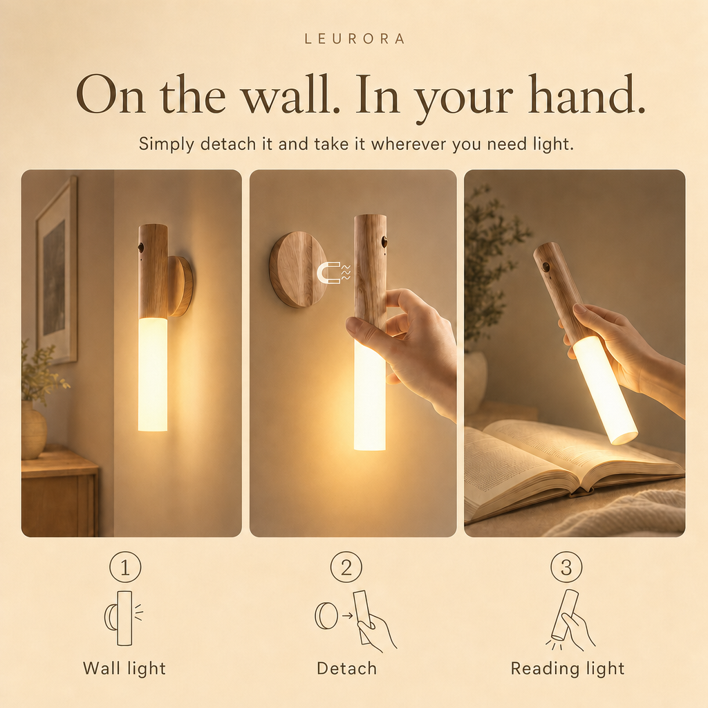 LumiWood on the wall and in the hand: wall light, detach, reading light