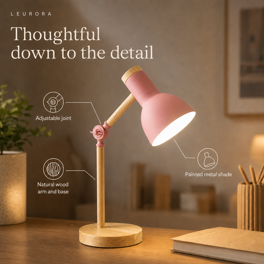 Scandi desk lamp details, adjustable joint, natural wood arm and base, painted metal shade