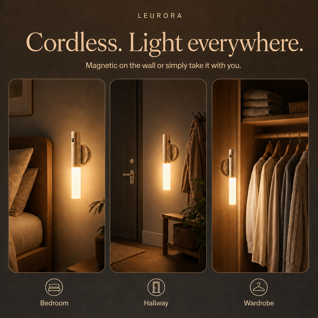 Cordless wooden wall light LumiWood in bedroom, hallway and wardrobe