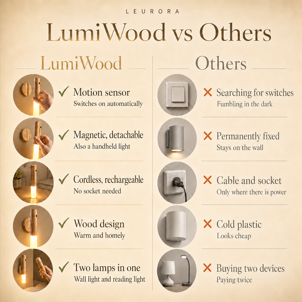 LumiWood vs others: motion sensor, magnetic and detachable, cordless, wood design