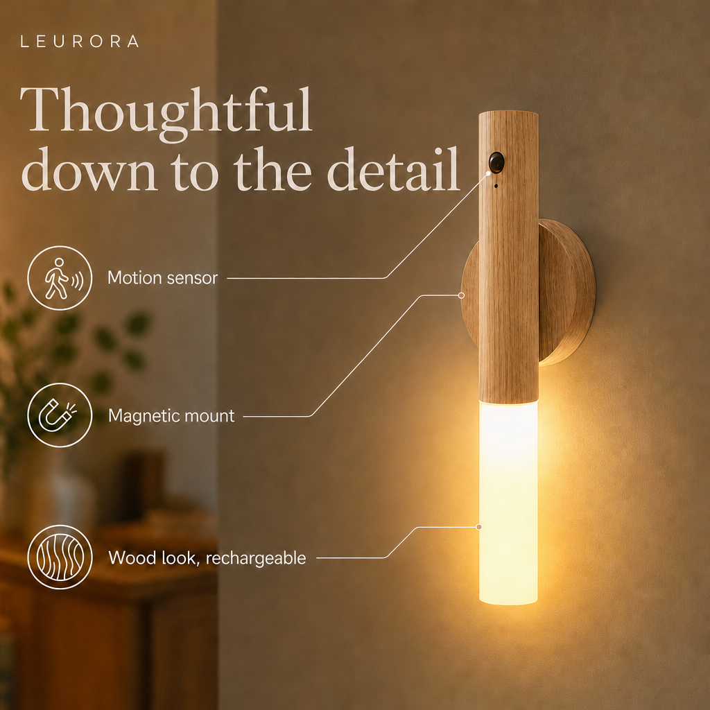 LumiWood details: motion sensor, magnetic mount, wood look, rechargeable