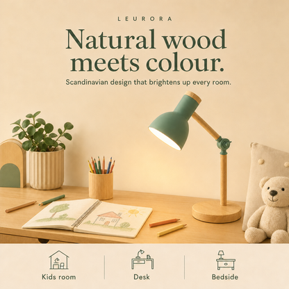Scandi wooden desk lamp for kids room, desk and bedside