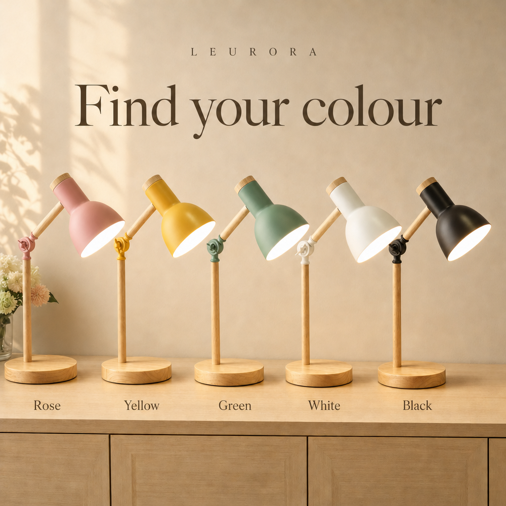 Scandi desk lamp colours rose, yellow, green, white and black