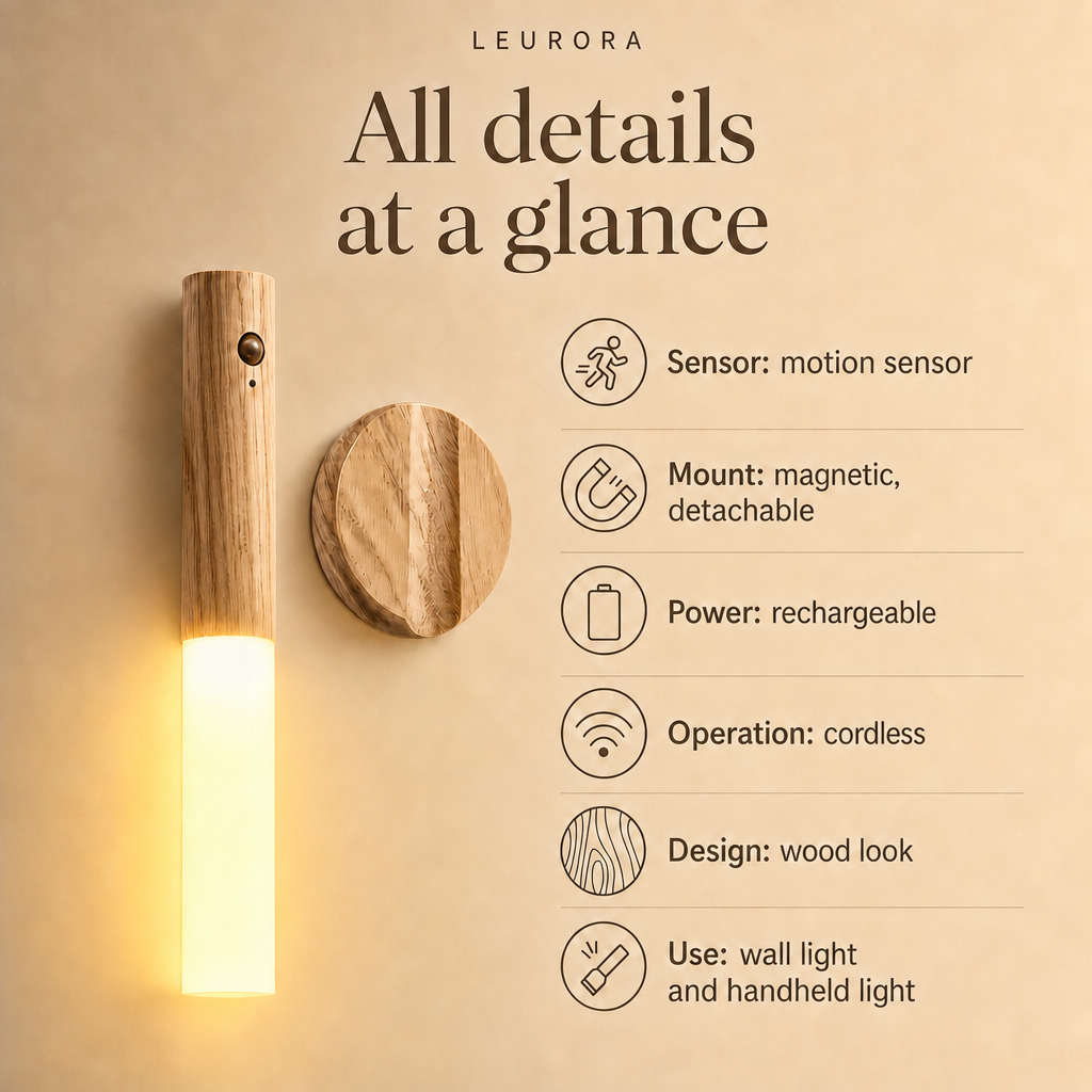LumiWood specifications: motion sensor, magnetic and detachable, rechargeable, cordless, wood look