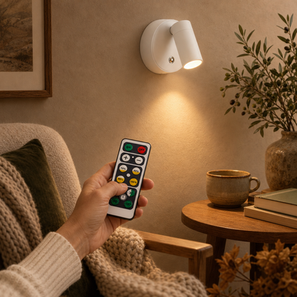 Hand holding the remote control of the white EasyLight cordless wall spotlight in a cosy reading corner