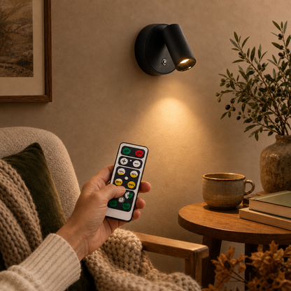 Hand holding the remote control of the black EasyLight cordless wall spotlight
