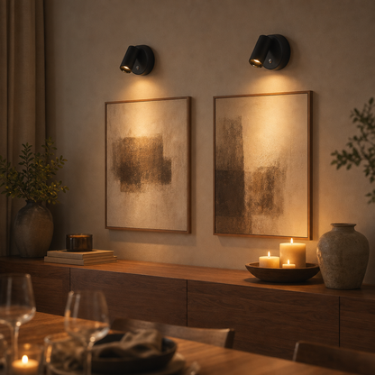 Two black EasyLight picture lights illuminating wall art above a sideboard