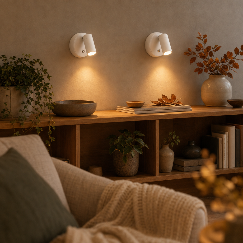 Two white EasyLight LED spotlights lighting an oak wall shelf in the living room
