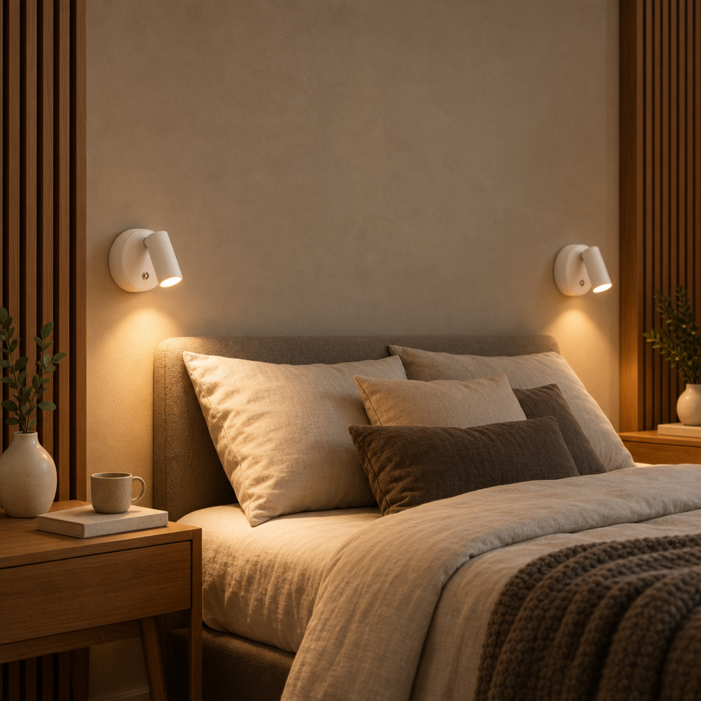 Two white EasyLight cordless wall spotlights as reading lights on both sides of the bed