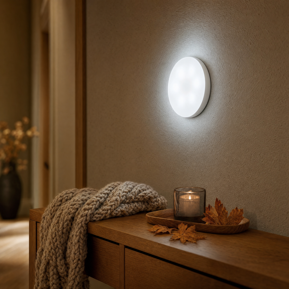LumiBeam cordless LED night light with motion sensor glowing cool white on the hallway wall