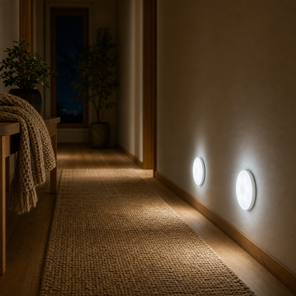 Two LumiBeam motion sensor night lights lighting the hallway floor at night