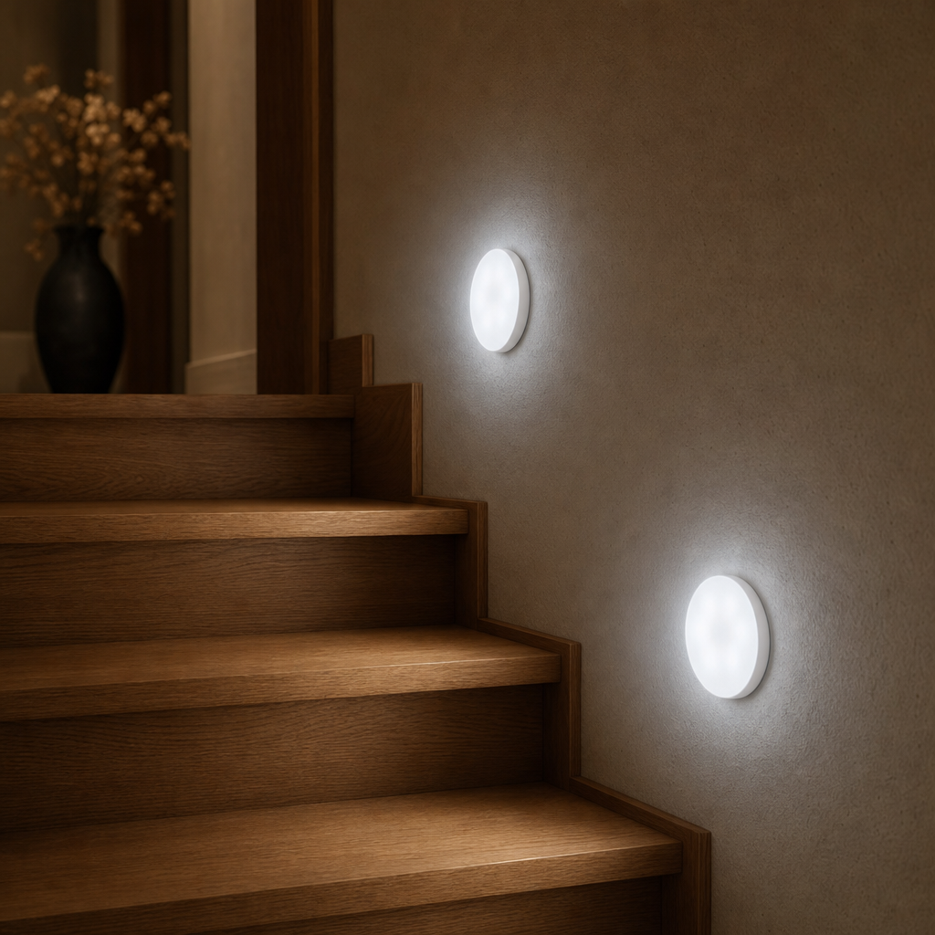 Two LumiBeam stair lights with motion sensor beside wooden stairs