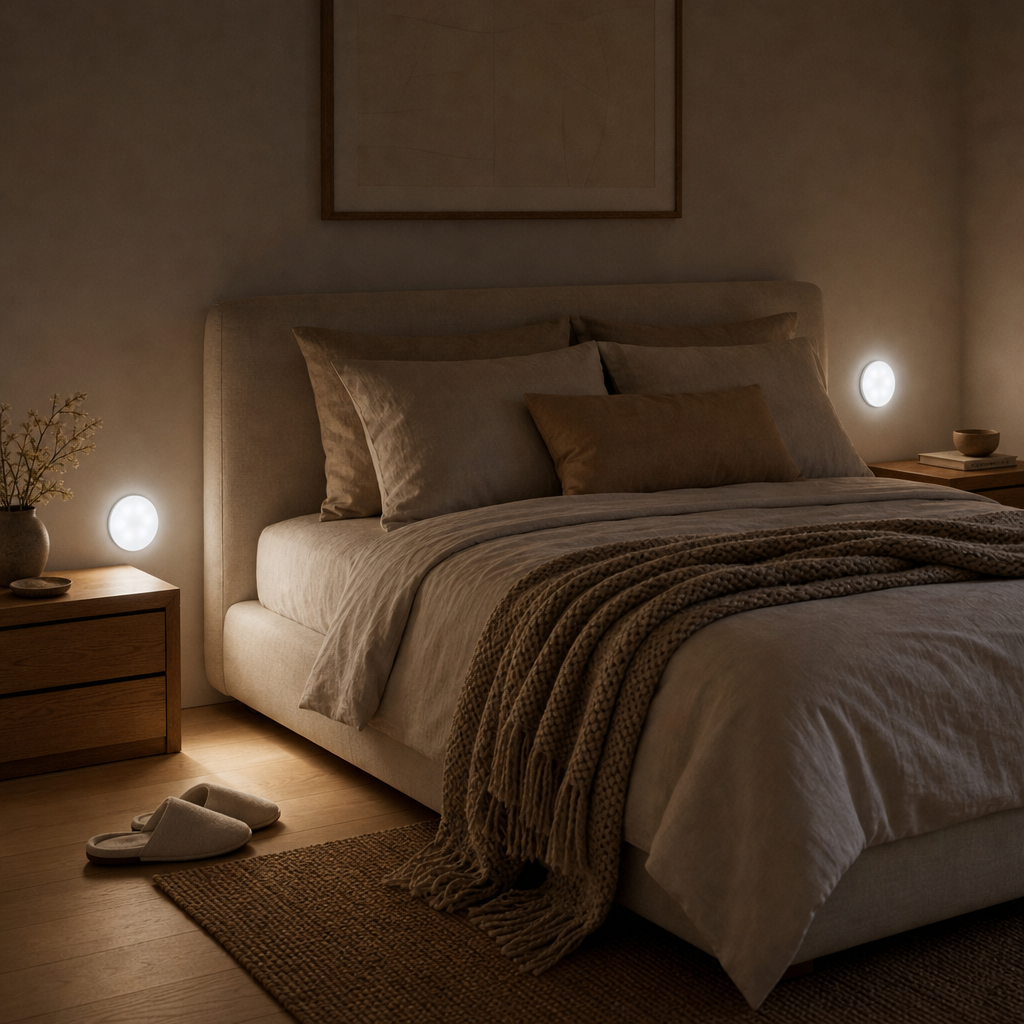 Two LumiBeam night lights next to the bed in the bedroom