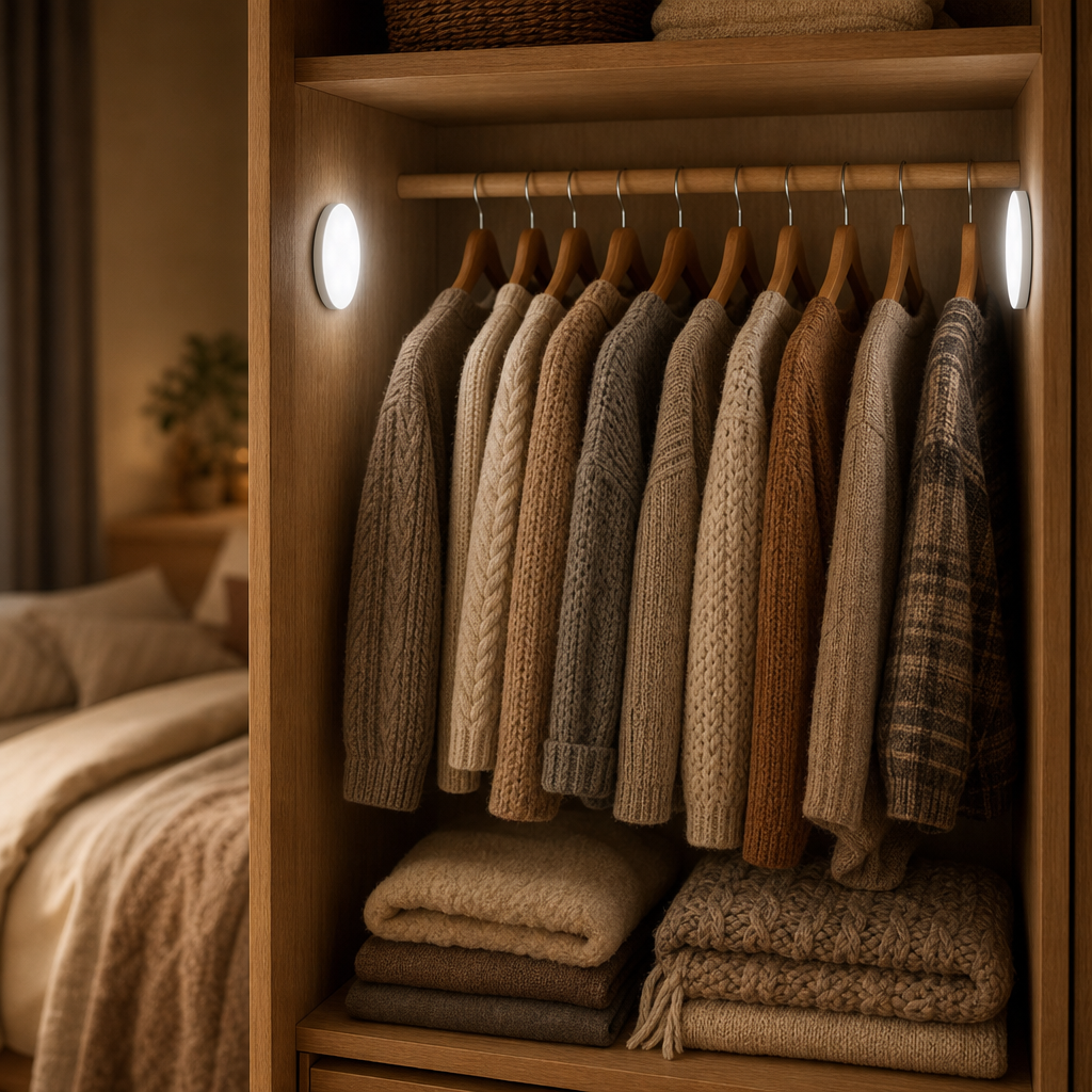 Two LumiBeam wardrobe lights inside an oak wardrobe