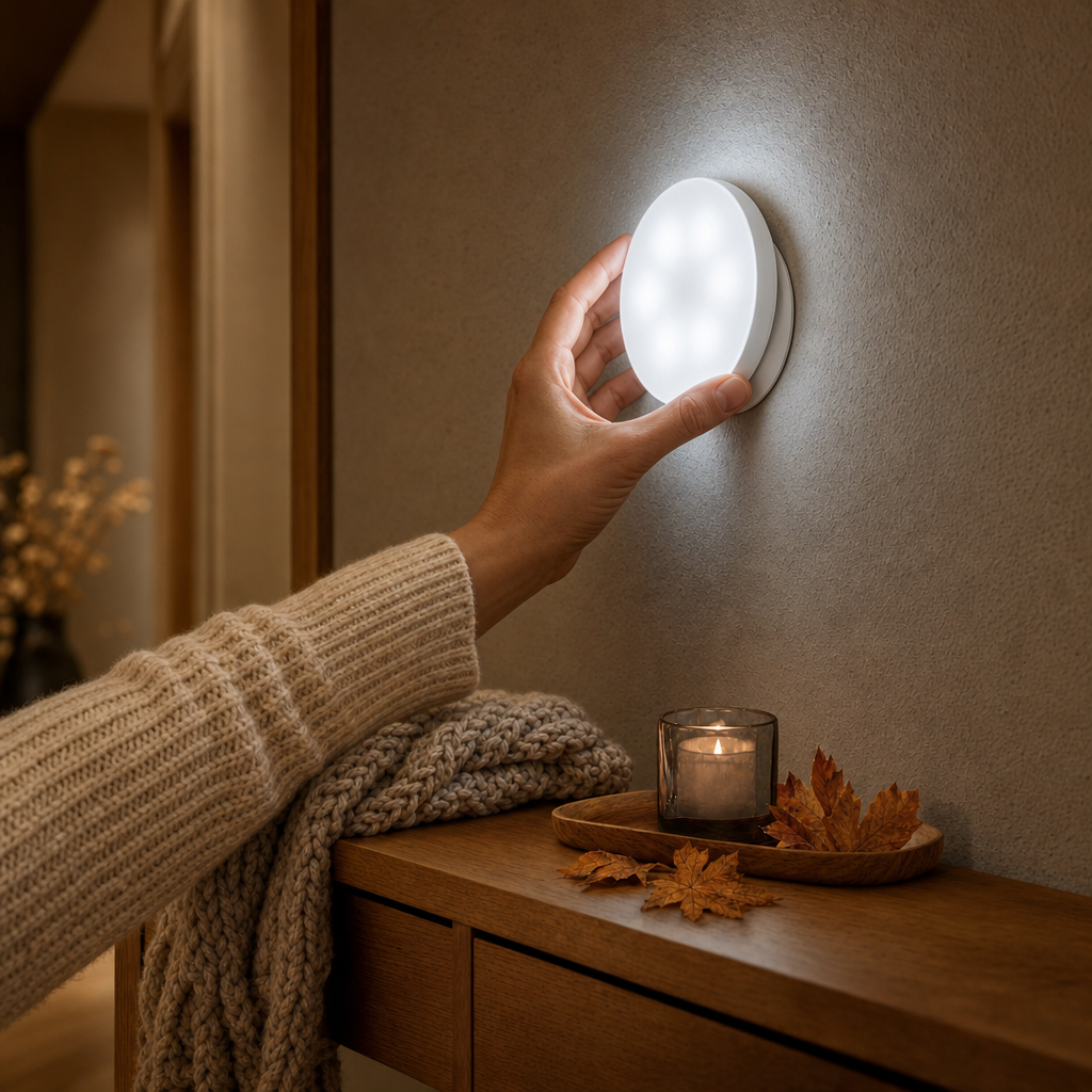 Hand placing the LumiBeam night light onto its magnetic wall mount