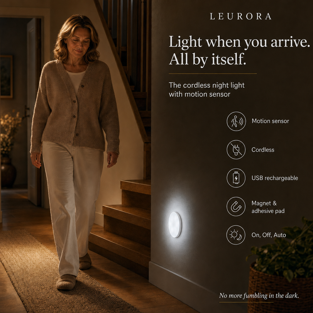 Woman walking down the hallway at night as the LumiBeam motion sensor night light switches on by itself