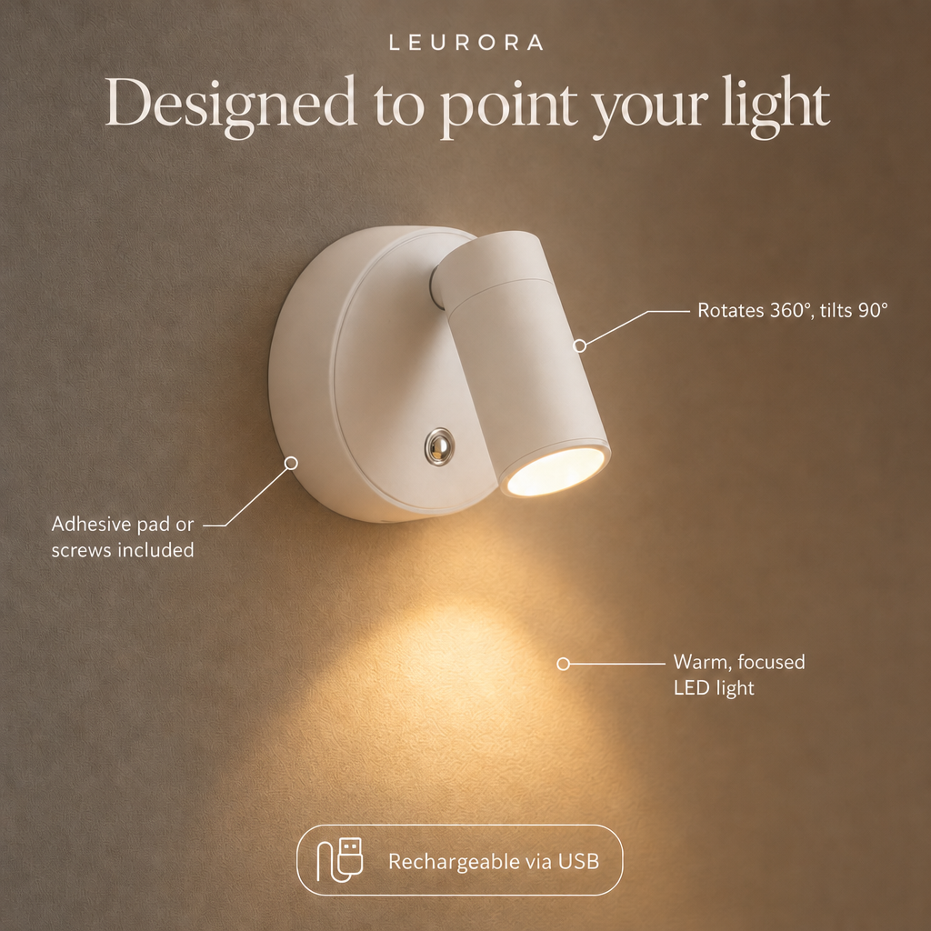 EasyLight details: spotlight head rotates 360 degrees and tilts 90 degrees, adhesive pad or screws, rechargeable via USB
