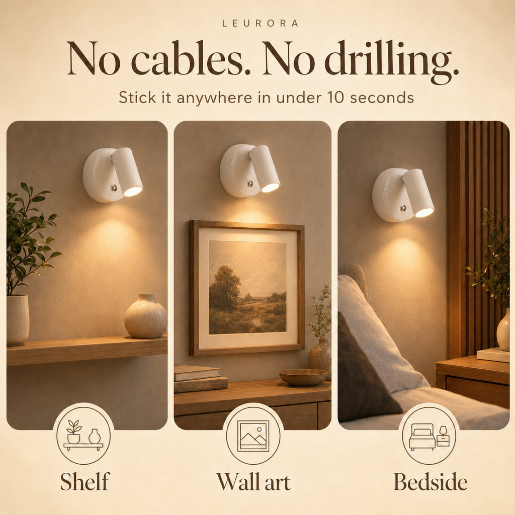 Cordless wall spotlight without cables or drilling for shelf, wall art and bedside