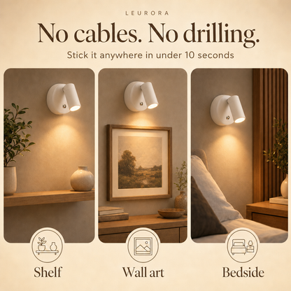 Cordless wall spotlight without cables or drilling for shelf, wall art and bedside