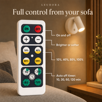 EasyLight remote control: on and off, dimmable 10% to 100%, auto off timer 10, 30, 60, 120 min