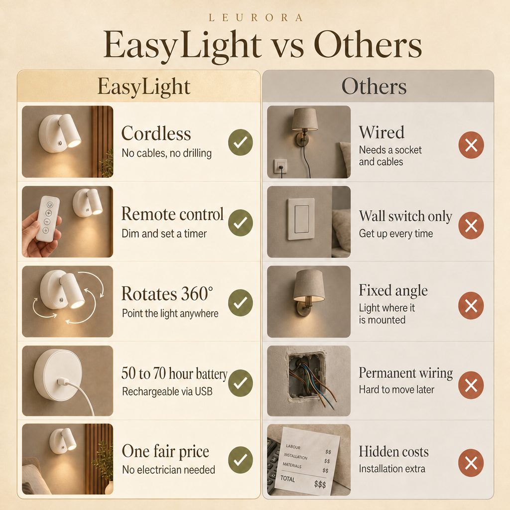 EasyLight vs others: cordless wall spotlight with remote control, 360 degree rotation and USB rechargeable battery