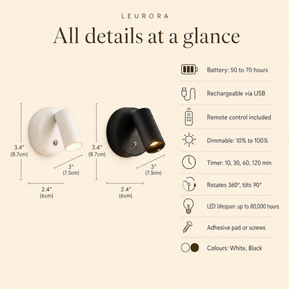 EasyLight all details at a glance: 2.4" x 3" x 3.4" (6 x 7.5 x 8.7cm), 50 to 70 hour battery, USB rechargeable, remote, timer