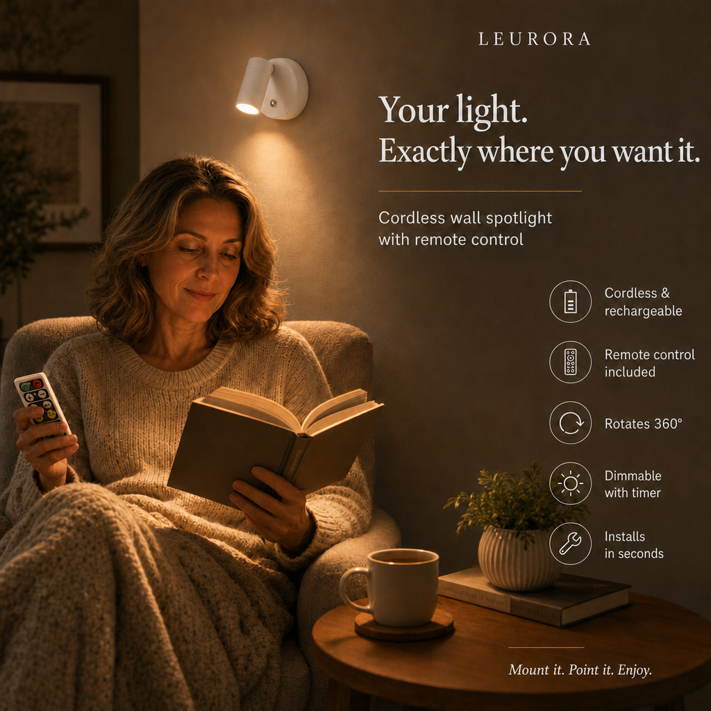 Woman reading in an armchair under the EasyLight cordless wall spotlight with remote control, dimmable with timer