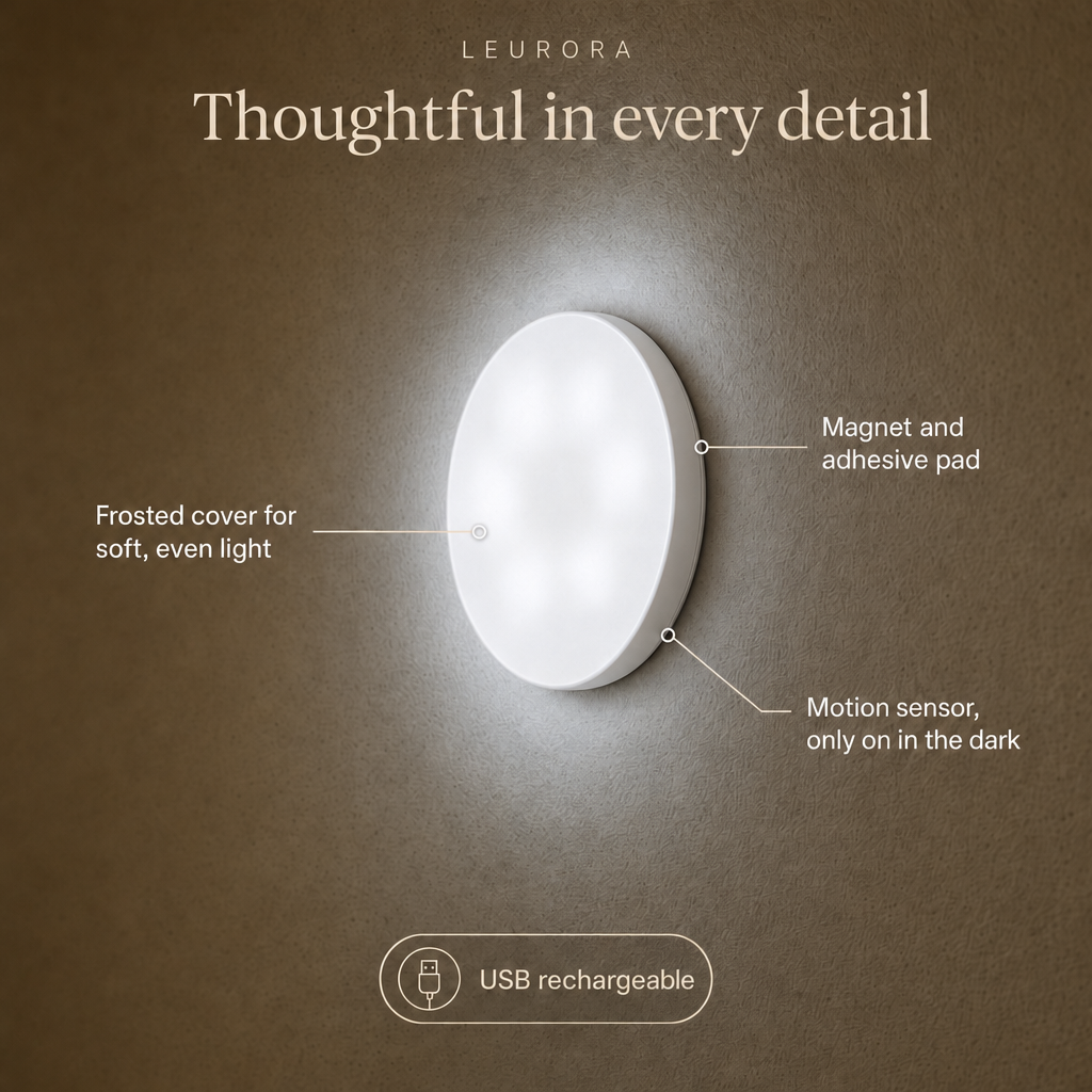 LumiBeam details: frosted cover for soft even light, magnet and adhesive pad, motion sensor, USB rechargeable