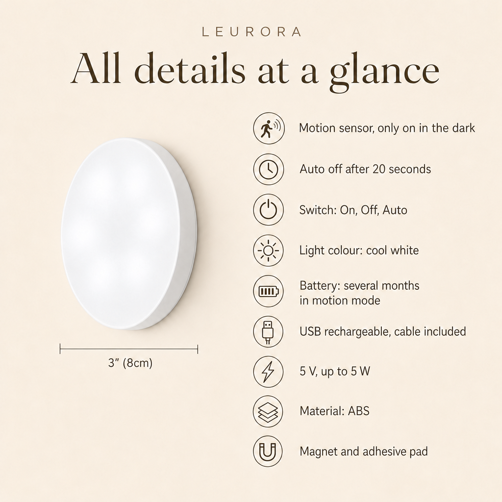 LumiBeam all details at a glance: 3" (8cm), motion sensor, auto off after 20 seconds, USB rechargeable, magnet and adhesive pad