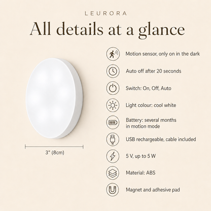LumiBeam all details at a glance: 3" (8cm), motion sensor, auto off after 20 seconds, USB rechargeable, magnet and adhesive pad