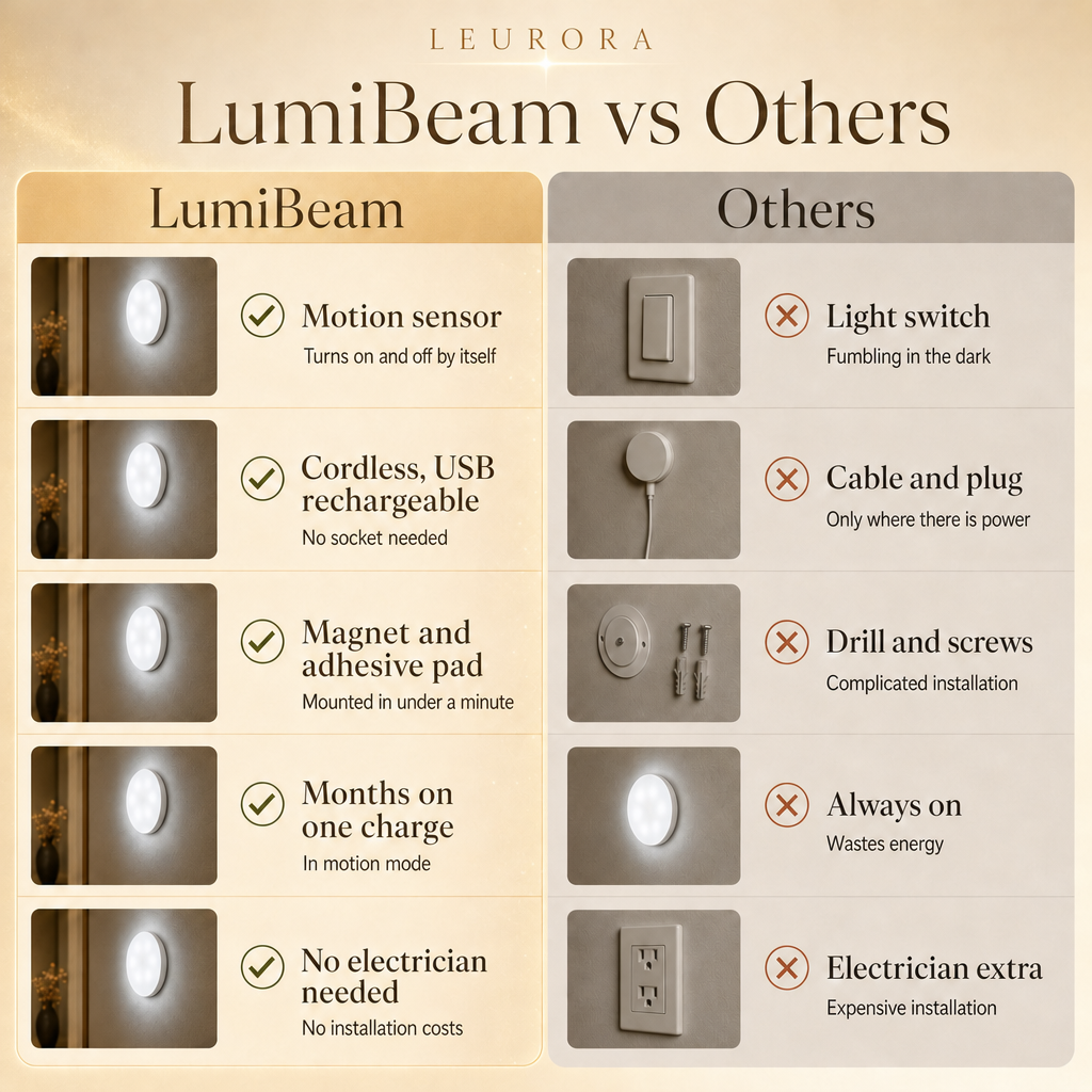 LumiBeam vs others: motion sensor night light, cordless, USB rechargeable, magnet and adhesive pad